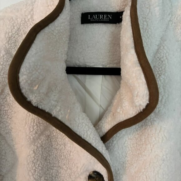 😊Ralph Lauren Sherpa Jacket Wm Sz M Cream Tan Trim Quilted Faux Shearling NEW - Picture 5 of 9